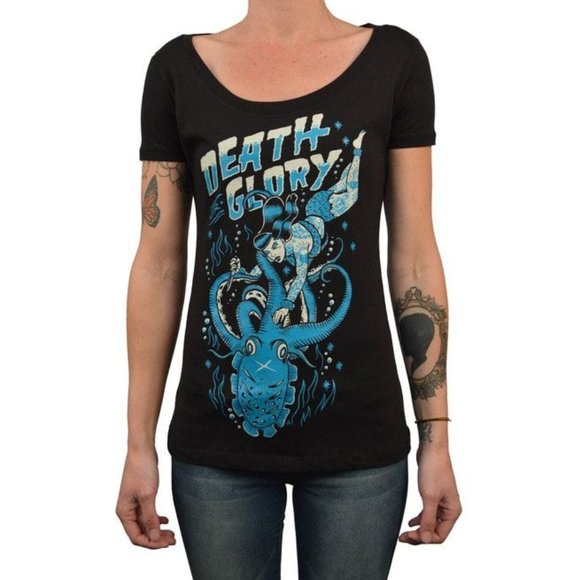 Death or Glory Rockabilly Pin Up Blue Fitted Tee S-M-L-XL-XXL NWT - Picture 2 of 4
